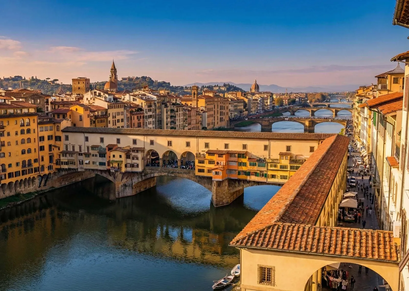 The Vasari Corridor crossing Ponte Vecchio at sunset, seen from the Uffizi