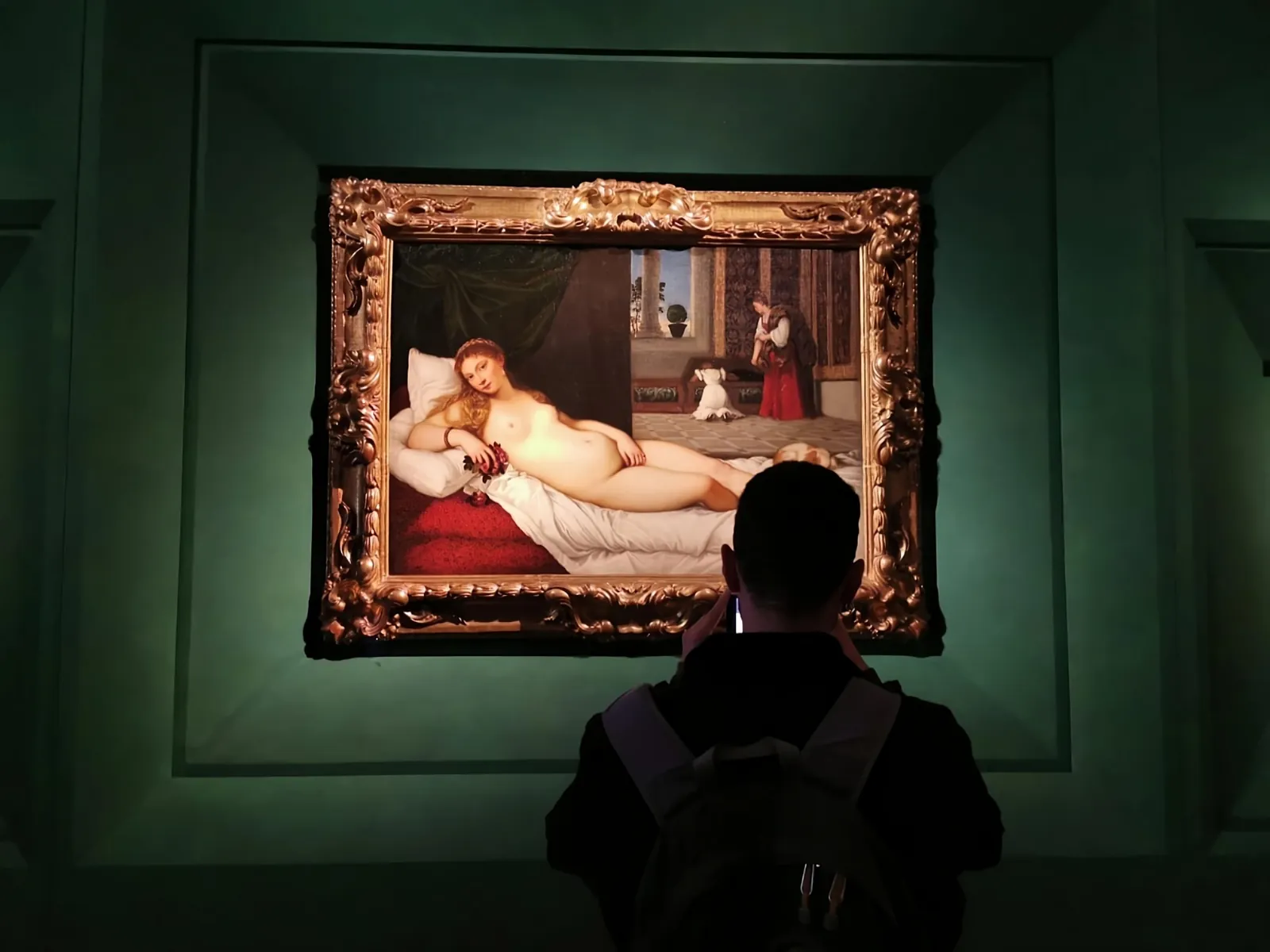 A visitor alone in front of Titian's Venus of Urbino