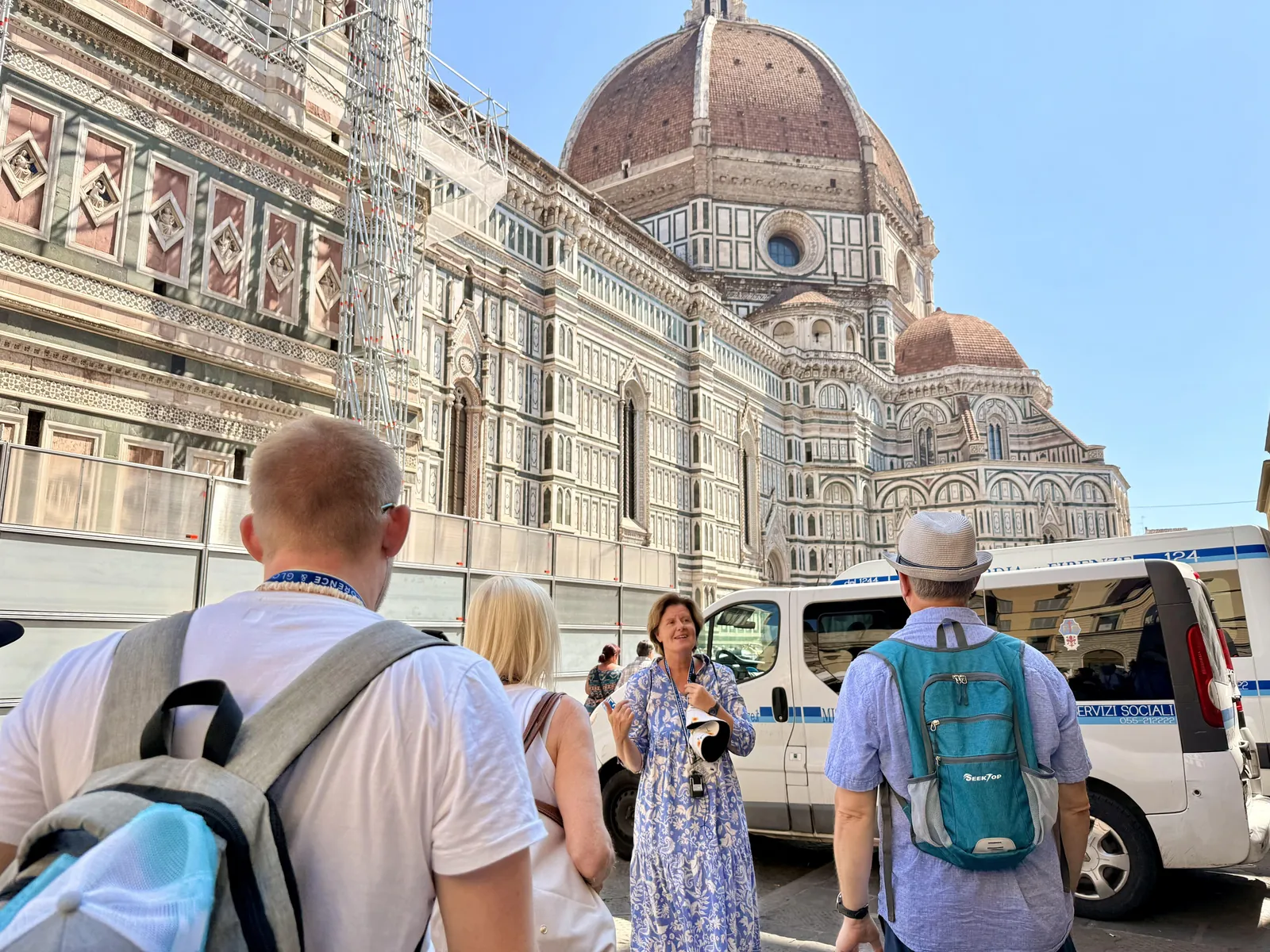 Walking tour stop beside Florence Cathedral and Brunelleschi's dome