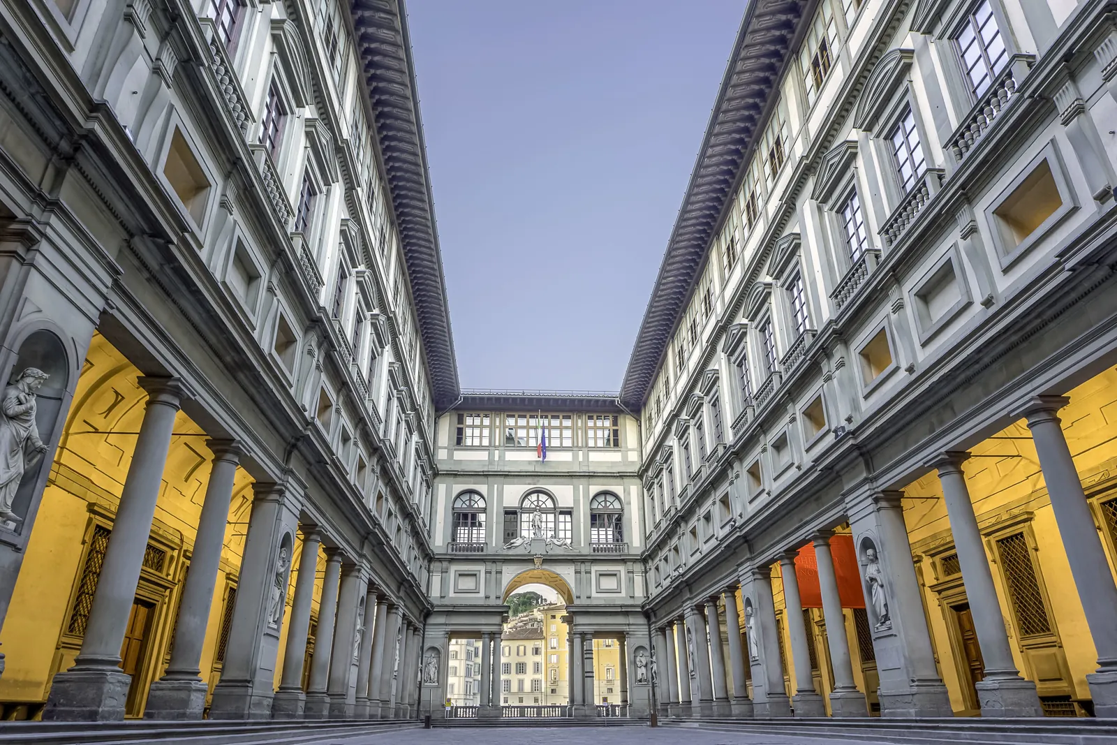 The Uffizi courtyard and its two long wings on a clear morning