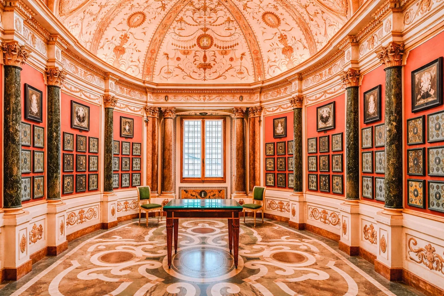 One of the Uffizi's small ornate rooms with a marble inlaid floor