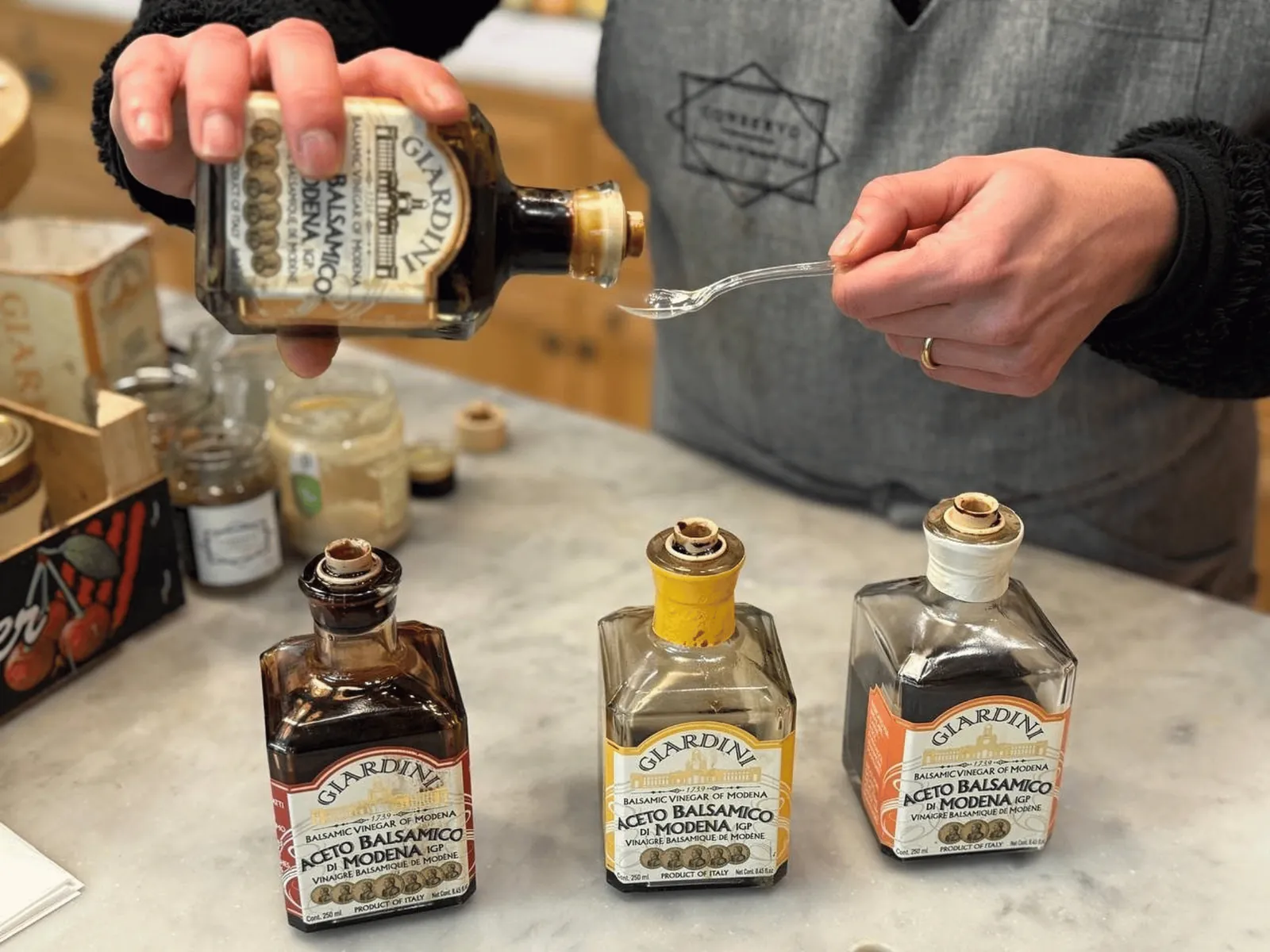Balsamic vinegar tasting at the partner shop where passes are collected