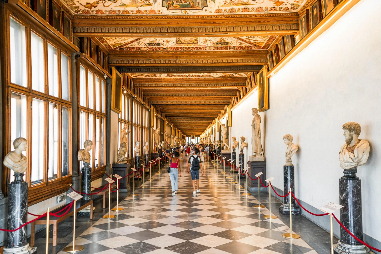 The Uffizi's long first corridor lined with Roman busts