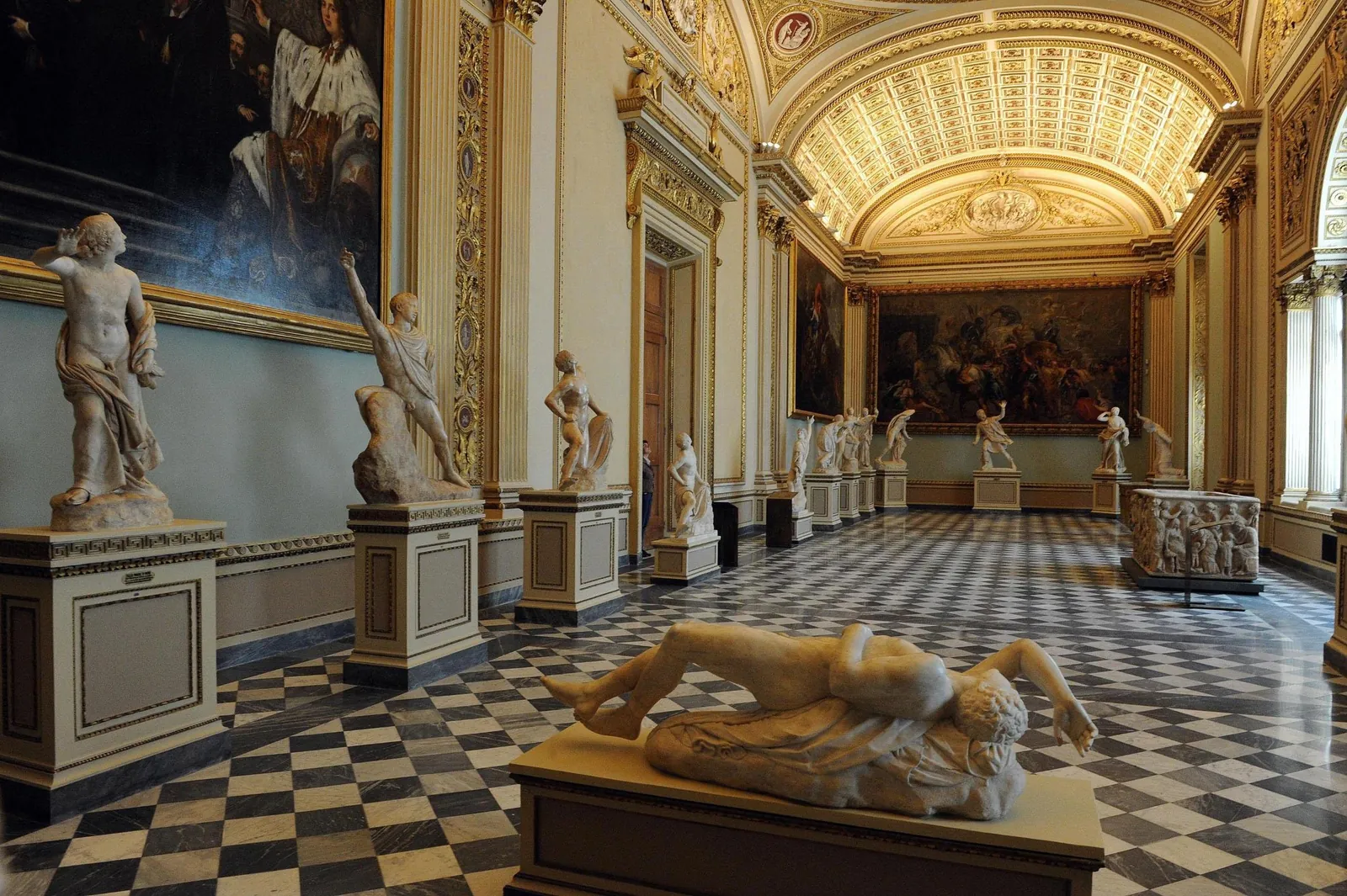The Niobe Room with its chequered floor and classical sculptures