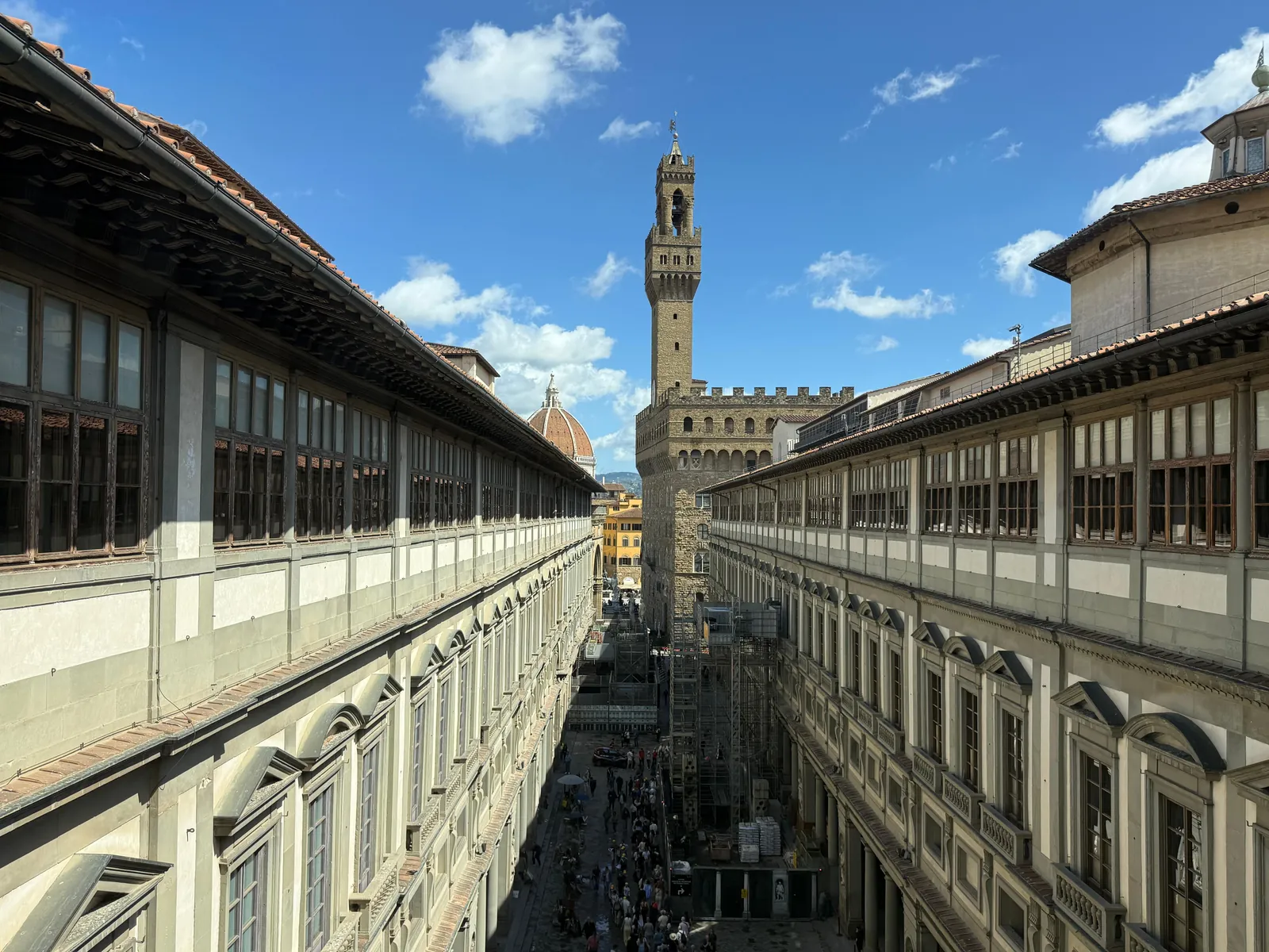 The Uffizi's two wings running toward Palazzo Vecchio, seen from the gallery's upper floor