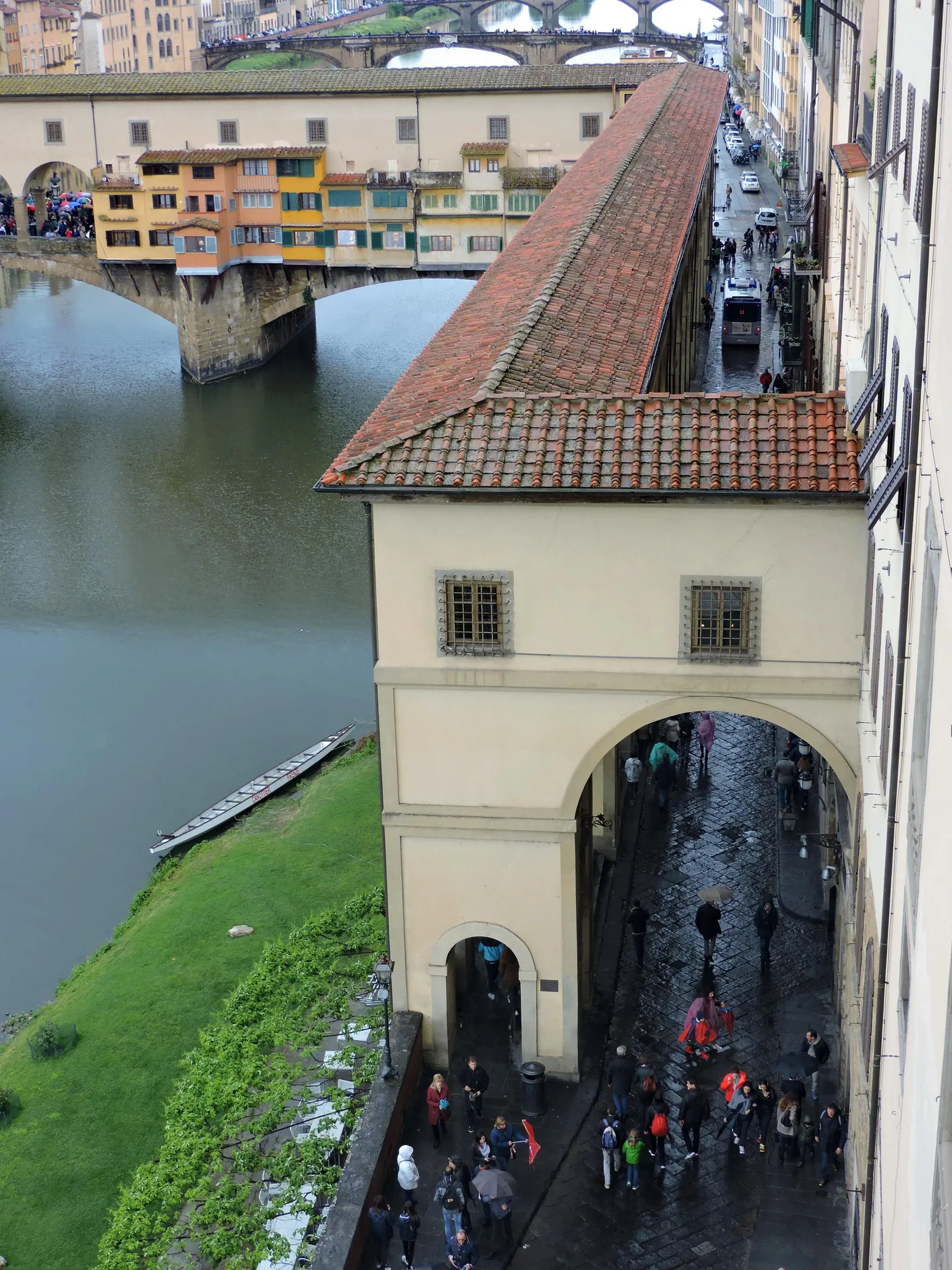 The Vasari Corridor's tiled roof running onto Ponte Vecchio, seen from above