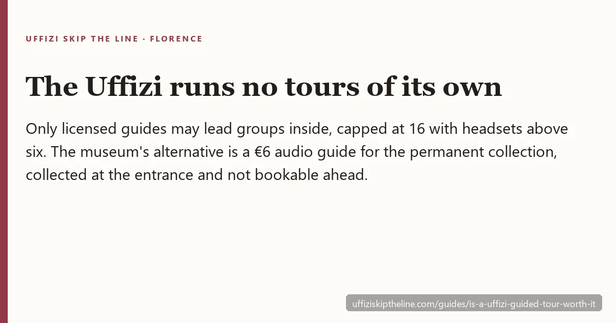 Fact card: the Uffizi runs no tours of its own; only licensed guides may lead groups, capped at 16, and the museum audio guide costs 6 euros