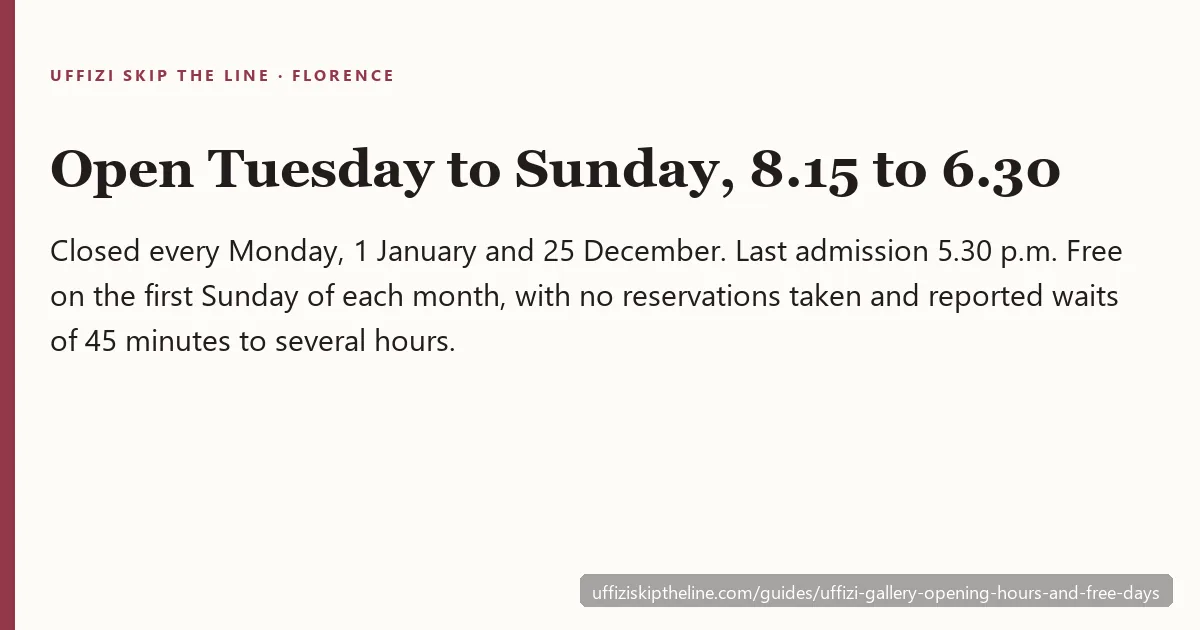 Fact card: the Uffizi is open Tuesday to Sunday 8.15 to 6.30, closed Mondays, 1 January and 25 December, free on first Sundays with no reservations