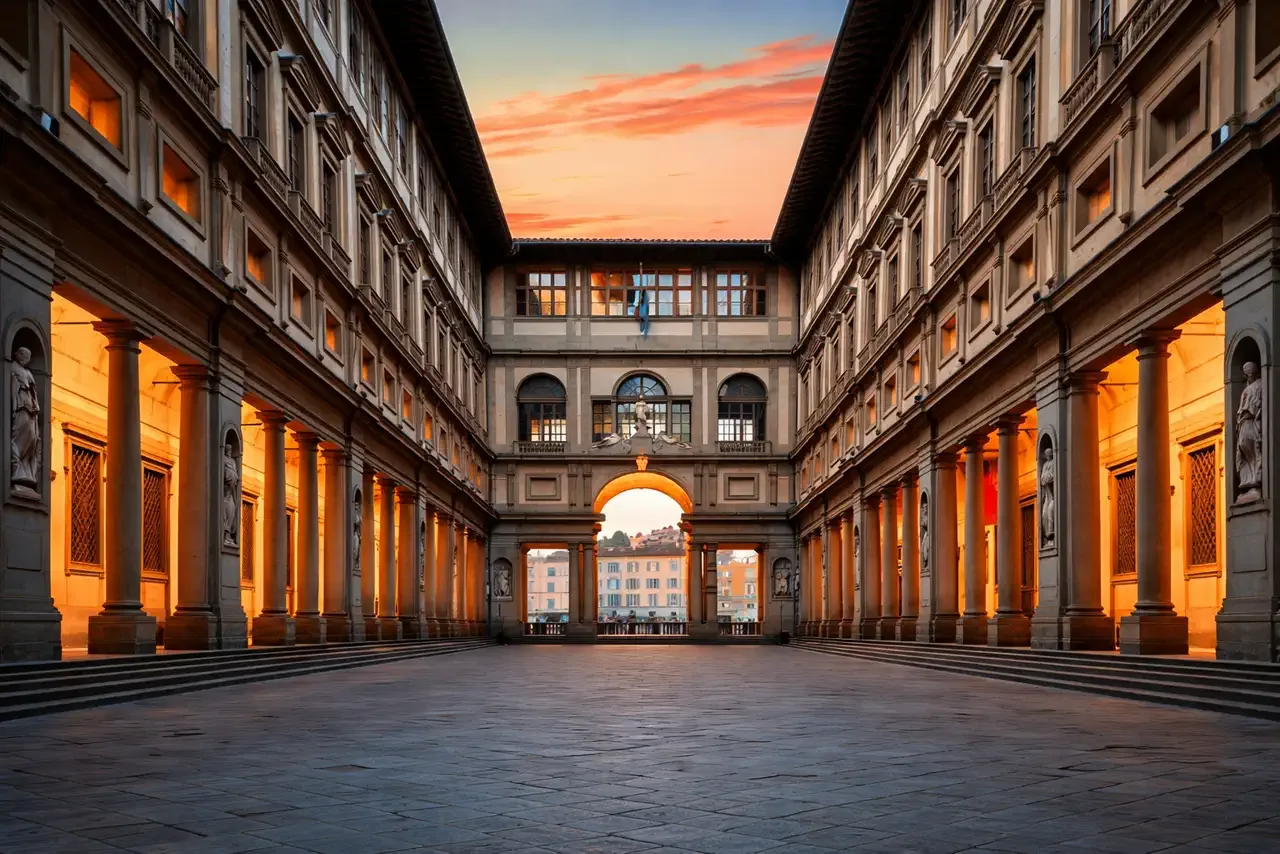 The empty U-shaped Piazzale degli Uffizi courtyard at dawn, looking down the colonnades towards the Arno